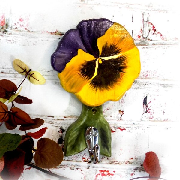 flower coat hook -decorative wall hook - wood wall hanger - pansy decor -wood wall hook -single hook hanger --hand painted hook  - # 2