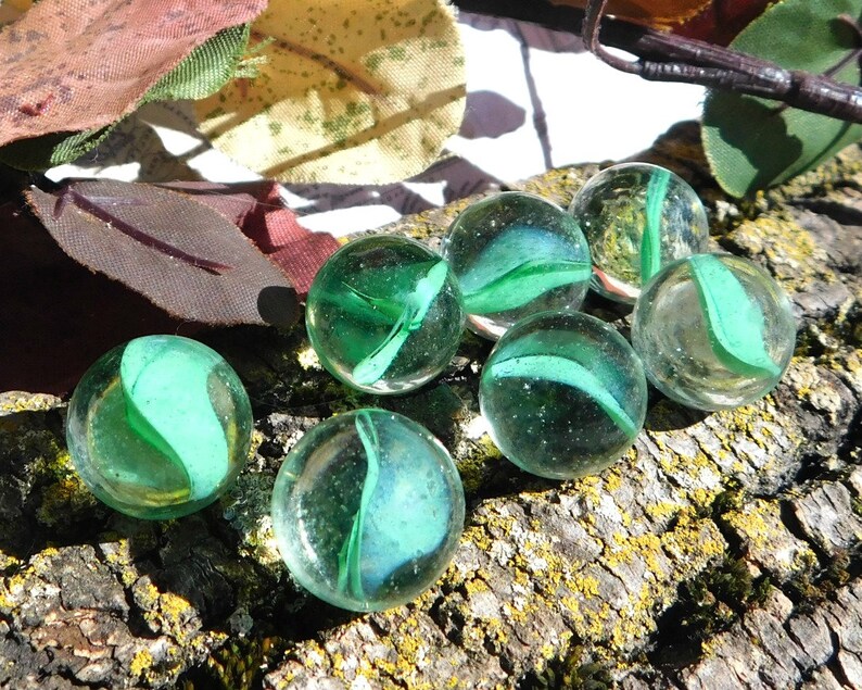 Vintage Swirl Marbles clear Green Glass Marbles cats Eye Marbles Vintage Toy Glass Marbles Lot
