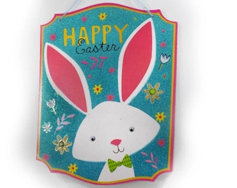 Happy Easter sign -Easter Bunny sign ,Easter Door sign ,Easter décor -Easter Decoration -Hanging upcycled Easter Bunny sign , #12