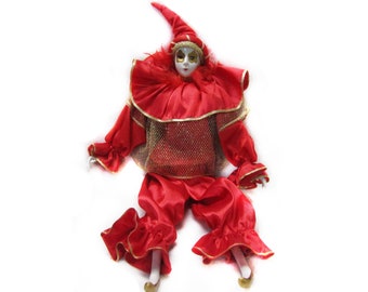 Vintage Mardi Gras Doll -Porcelain Clown Jester Doll -Red Mardi Gras Doll -Harlequin Doll Figures -New Orleans Mardi Gras Doll   #22