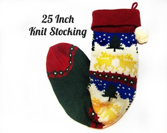 Christmas Tree Stocking, Vintage knit Christmas Stocking -Vintage machine Knitted Xmas stocking-Hanging stocking- # 4