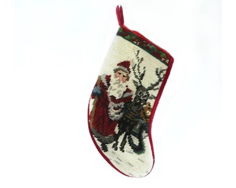 vintage Santa Tapestry Stocking - Red Christmas stocking - vintage Xmas stocking -Hanging stocking - Mini lined stocking - Collectible # 31