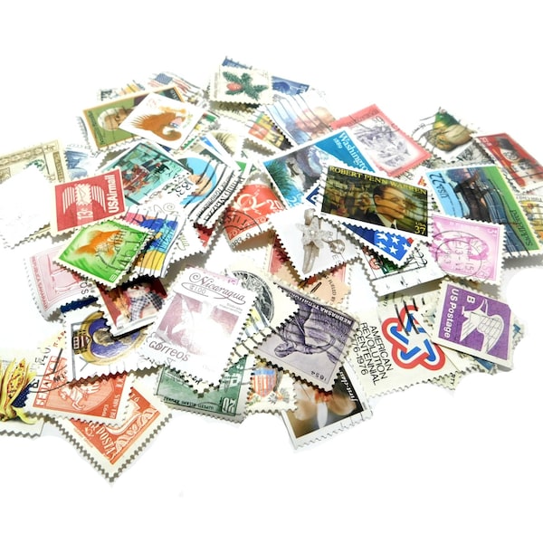 Vintage Lot USA Foreign Stamps -Worldwide Foreign stamps lot- Cancelled Assorted stamps -COLLECTIBLE stamps  altered art supply, # 14