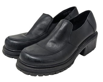 Vintage 1990s Y2K Sam & Libby Black Leather Upper Chunky Block Heel Platform Shoes Loafers US Size 8