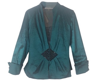 Dressbarn Collection Womens Satin Blazer Top Blouse Beads Turquoise Blue Size 12
