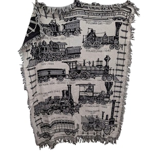 May include: A cream-colored throw blanket featuring black illustrations of vintage steam trains and text. The blanket has a fringed edge and depicts various train models with dates like 1837, 1843, and 1907. The blanket measures approximately 60 inches by 50 inches.