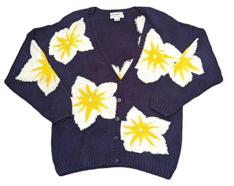 Vintage 80s Izod Navy Blue Floral Cardigan Sweater Knitted By Hand Size Large L