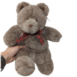 Vintage 1990 Dakin Red Plaid Bow Brown Teddy Bear Soft Plush Stuffed Animal 15&quot;
