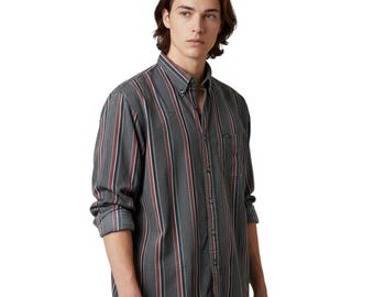 Vintage 1990s 90s Chaps Ralph Lauren Gray Red Striped Button-Down Shirt Large L