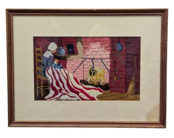 Framed Crewel Embroidery Americana Betsy Ross Sewing American Flag 14"x20" Art