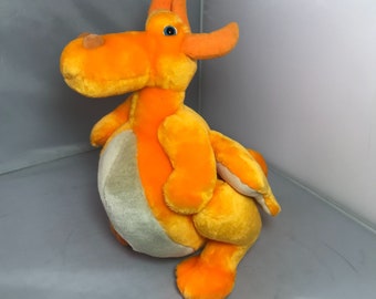 Vintage 1980s Neon Orange Dragon Lizard Plush Stuffed Animal Soft Toy 12" Medium