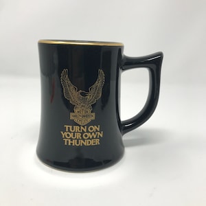 Vintage 1970s Harley Davidson Motorcycles "Turn On Your Own Thunder" Black Coffee Cup Mug