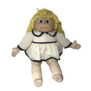 Vintage 1984 Cabbage Patch Blonde Hair Blue Eyes Doll White Navy Sailing Dress
