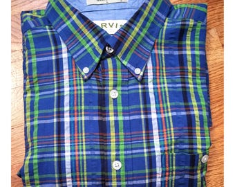 Mens Orvis Blue Green Plaid 100% Cotton Button Up Short Sleeve Shirt Large L