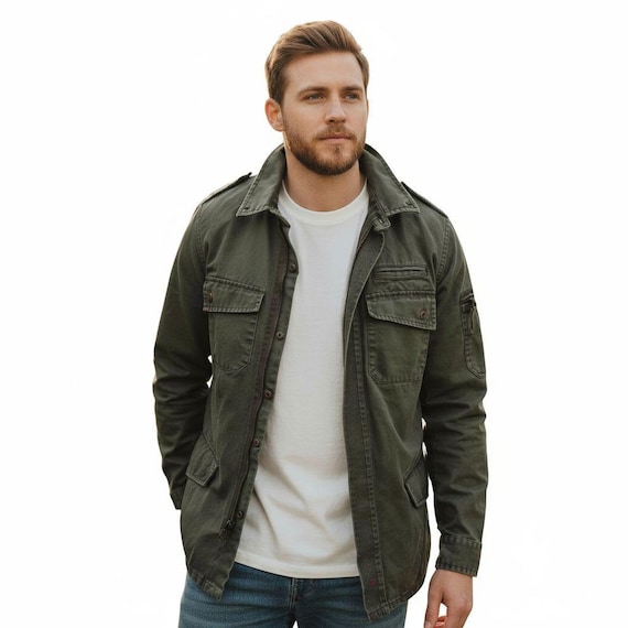 Mens A. Kurtz Olive Green Military Zip up Jacket 100% Cotton Small