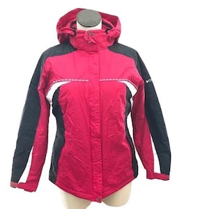 May include: A red and black hooded jacket with white accents. The jacket features a full-length zipper, a hood, and a white stripe design across the chest. The sleeves are black with white trim at the cuffs. The jacket is displayed on a mannequin.