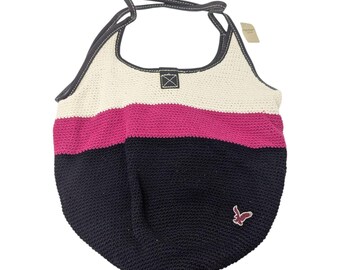 Bolso de playa vintage de verano, estilo Y2K, grande, estilo American Eagle, azul marino y rosa, de crochet, estilo saco, de los años 90