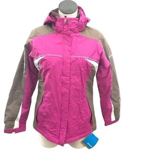 May include: A pink and brown hooded jacket with white accents. The jacket has a zipper closure and a small blue tag attached. The jacket is displayed on a mannequin.
