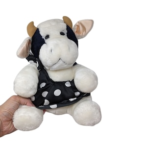 Vintage 1980s Dakin White Cow in Dress Plush Stuffed Animal Soft Toy Plushie 10&quot;
