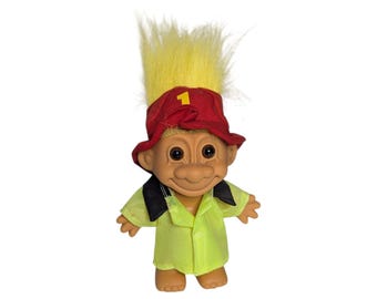 Vintage 90s Russ Fireman Troll Doll Yellow Hair Red Firefighter Hat Nostalgic 5"