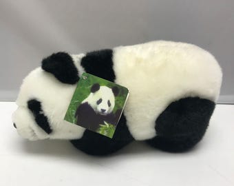Vintage Longbo Black and White Panda Bear Plush Stuffed Animal Soft Toy 10"