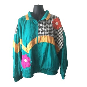 Vintage 1980s London Fog Green Flower Power Jogging Windbreaker Track Jacket Medium M