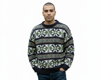 Otavalo Ecuador Blue White 100% Wool Fair Isle Mock Neck Cable Knit Sweater XL?