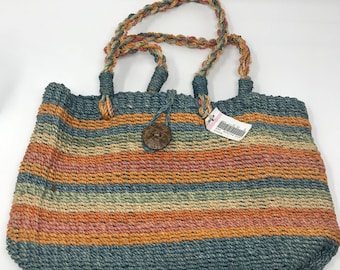 VTG Vintage Sears Orange Blue Striped Straw Rope Beach Bag Purse Handbag