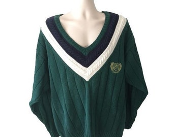 United States Equestrian Team Dark Green Cable Knit V Neck Sweater Pullover XL