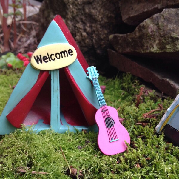 Miniature fairy garden guitar in pink and blue