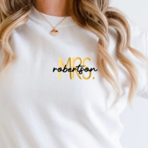 Personalised Mrs Sweatshirt Bride Crewneck Bride Jumper Sweater, Gold & Black Print, Left Chest Placement