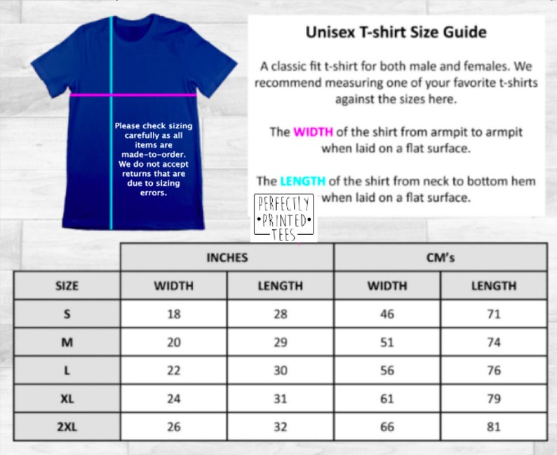May include: Unisex t-shirt size guide with measurements in inches and centimeters. The chart shows the width and length of the shirt in different sizes: S, M, L, XL, and 2XL.