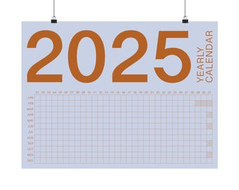 May include: A light blue printable calendar for the year 2025 with a brown number 2025 at the top and the words "Yearly Calendar" in brown text on the right side. The calendar has a grid layout with each month labelled and numbered.