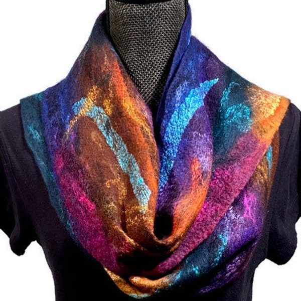 Handmade Scarf, Merino Wool and Silk Nuno Felted, Lightweight and Warm Winter Shawl or Wrap, Gift For Her - Ready to Ship