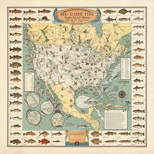 Big Game Fish Map Poster Print Vintage Fresh and Saltwater Fish Chart Fisherman Gift Reproduction Illustration