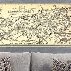 Map of Great Smoky Mountains National Park, North Carolina/Tennessee, trail map. 1940. Restoration Hardware Home Deco Style Old Reproduction