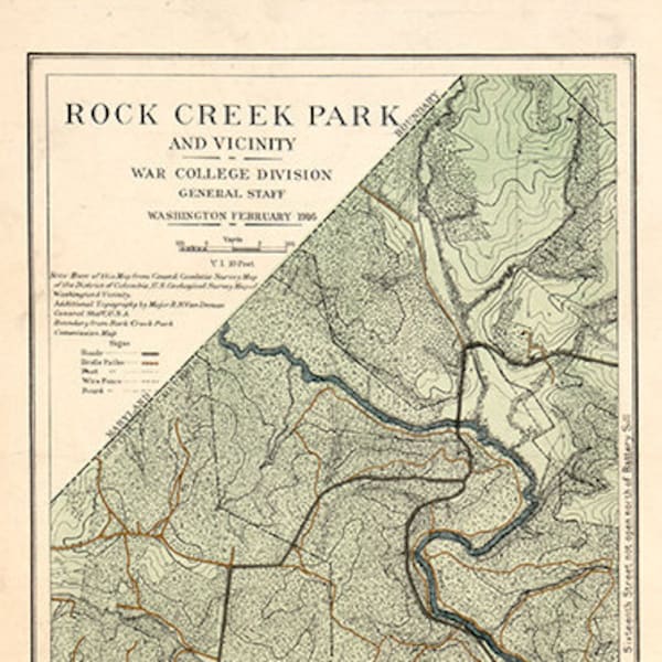 Map of Rock Creek Park, Washington D.C. 1916.   Vintage restoration hardware home Deco Style old wall reproduction map print.
