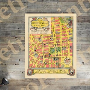 Mappa del Greenwich Village, New York. Restauro Hardware Home Deco Style Old Wall Map. Riproduzione d'epoca