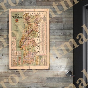 Map of Portugal, 1962.  Vintage home Deco Style old wall reproduction map print.