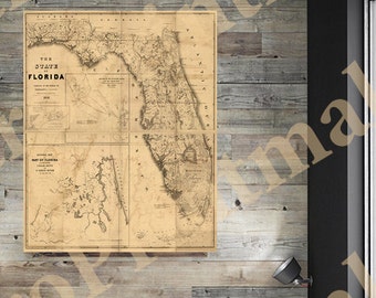 1846 Florida Statehood Bureau of Topographical Engineers Map Reproduction Print, Vintage Key West Everglades Poster, Antique Cedar Keys Art