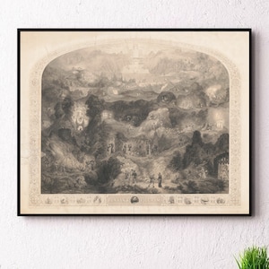 May include: A framed monochromatic landscape print featuring an intricate, detailed scene with rolling hills, small figures, and architectural elements, displayed on a wall above a black marble console table with a lamp and two potted plants.