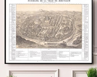 1870 Jerusalem Panoramic Map Reproduction Print Vintage Biblical Holy Land Temple Mount Poster, Antique French Golgotha Calvary Sacred Decor