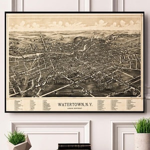 Watertown, condado de Jefferson, Nueva York NY: 1891. "Mirando al noreste". Kimball, Burleigh. Reproducción Vintage Bird's Eye View map Print.