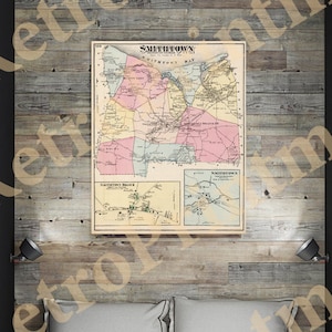 Mapa de Smithtown, condado de Suffolk, Long Island, Nueva York, NY 1873. Impresión de reproducción de mapa de pared antiguo estilo casa vintage.