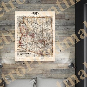 Map of Territory of Arizona, 1883.  Vintage home Deco Style old wall reproduction map print.
