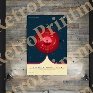 May include: A blue and red poster with a graphic of a clock face and a person standing on a red planet. The text on the poster reads "Deep Space Atomic Clock".