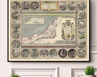 1590 Abraham Ortelius Patriarca Abraham Mapa Reproducción Impresión, Póster antiguo de Tierra Santa Canaán, Decoración de pared bíblica antigua Parergon