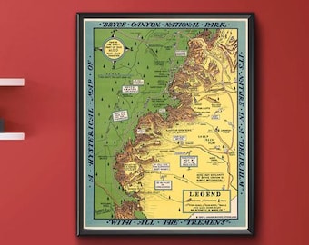 Reproducción de mapa cómico del Parque Nacional Bryce Canyon, póster vintage de Lindgren Brothers Hysterical Map, decoración de pared antigua de Hoodoos de Utah