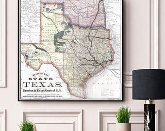 Texas Map Print, Houston & Texas Central Railroad Reproduction Poster, Vintage Lone Star State Wall Art