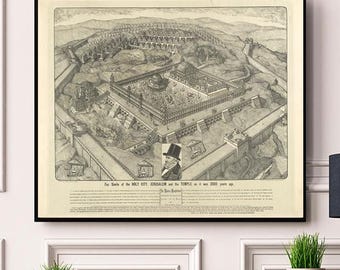 Ancient Jerusalem Fac simile of Holy City, and Temple as it was 2000 years ago Reproduction Print, Antique Biblical Archaeology Judaica Art